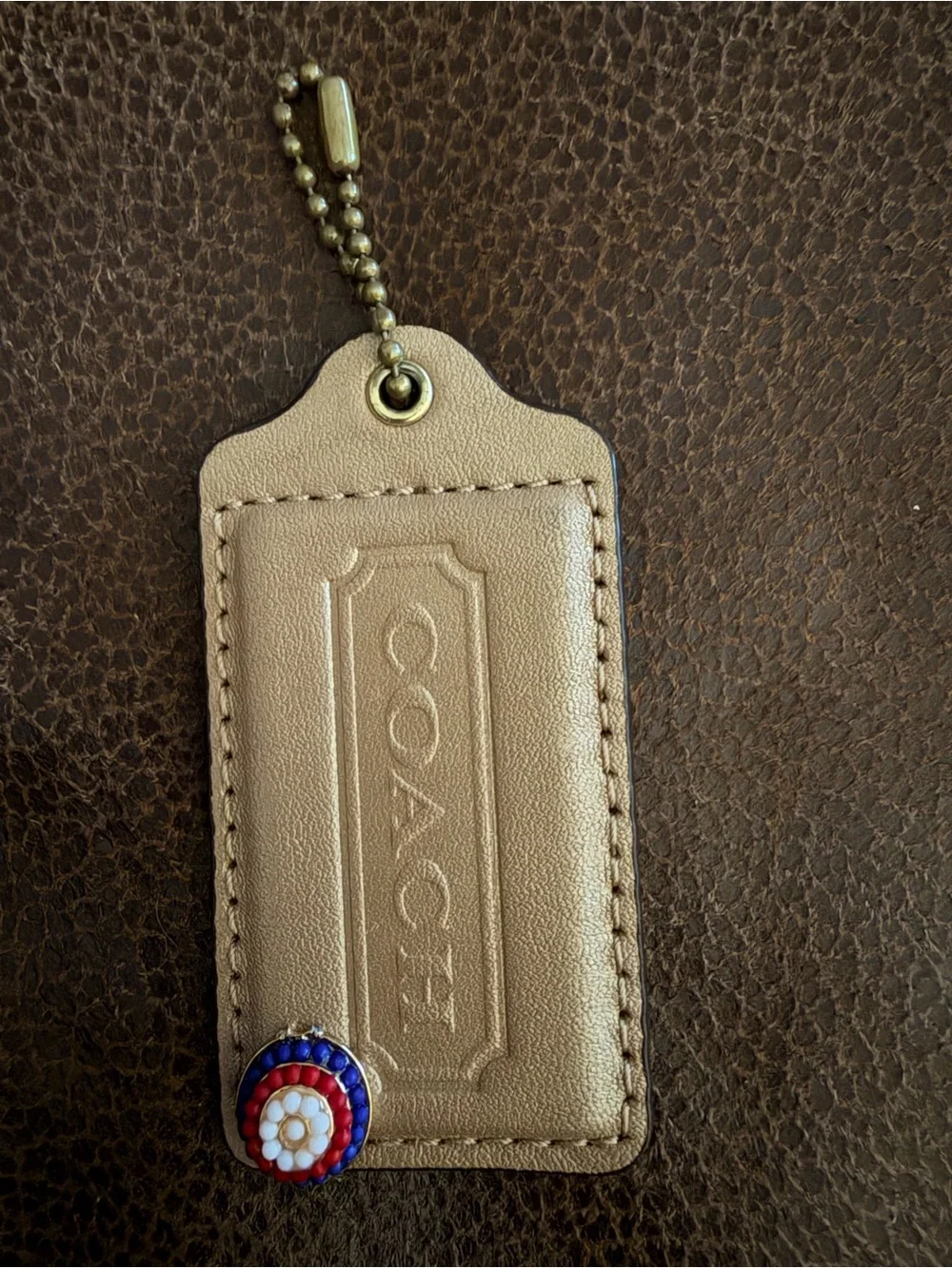 Coach Gold Leather Bag Tag with Red, White & Blue Beaded USA Accent